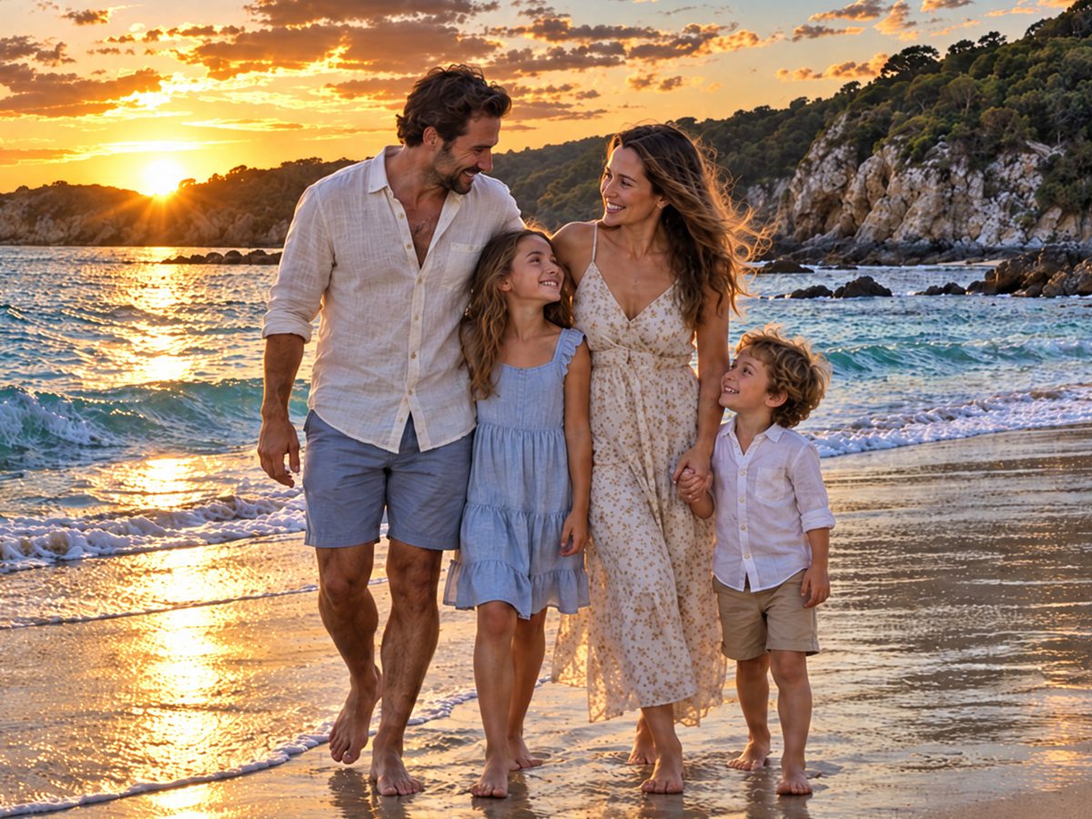 A family walks along the water's edge at sunset, in a photo enhanced by Pictend. The left side shows the original photo, softer and less detailed.